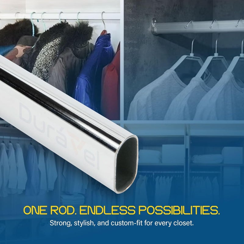 Duravel Oval Closet Rod, White Chrome, 95 cm with Mounting Brackets and Screws - Image 4